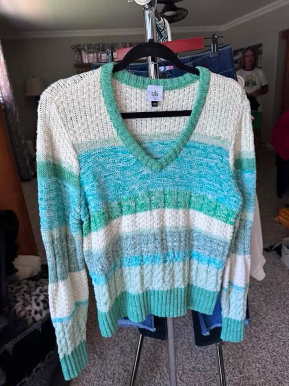 Cozy Striped V-Neck Sweater - Mint & Cream